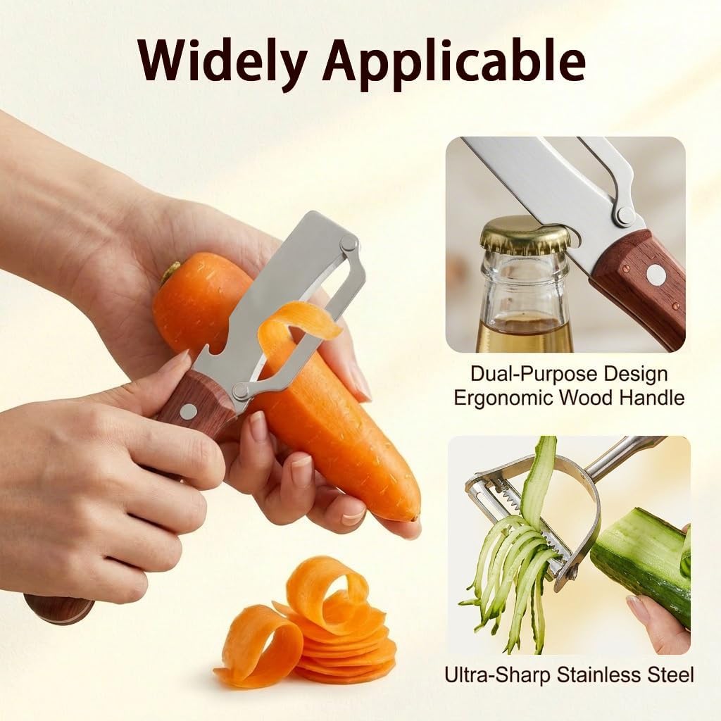 2 Pcs Multifunctional Vegetable Peeler,For Kitchen Stainless Steel Cutter Set With Wood Handle Bottle Opener Y Shaped Julienne Tool,For Potato Apple Pineapple Fruit Gadgets