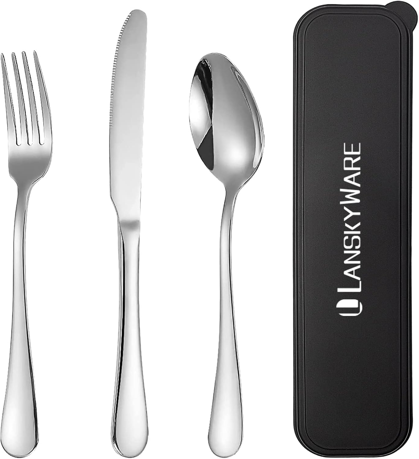 Portable Travel Utensils Set, 18/8 Stainless Steel 3 PCS Cutlery Set Including Knife Fork and Spoon, Reusable Travel Silverware Set with Case for Lunch Box Camping School Office