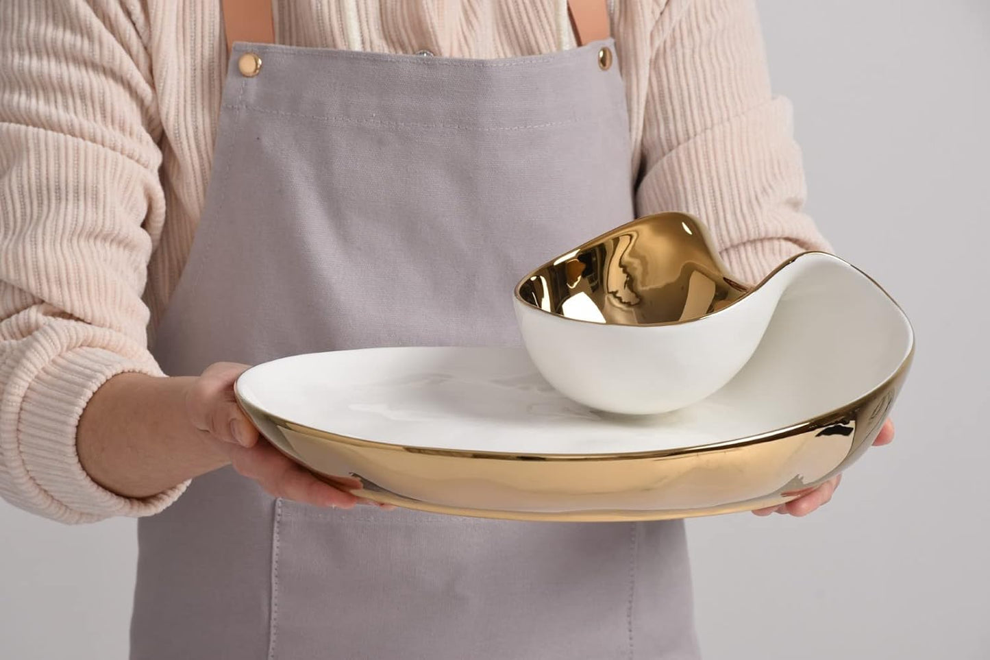 Pampa Bay Titanium-Plated Porcelain Chip and Dip, 12 x 10 Inch, Gold/White Tone, Oven, Freezer, Dishwasher Safe