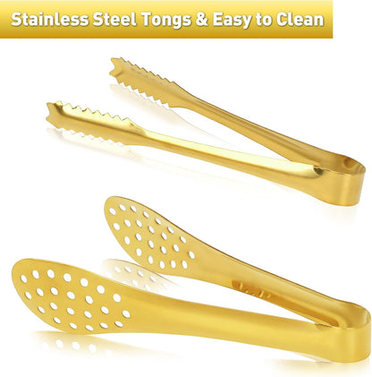 JCREN 12 Pcs Serving Tongs, Small Serving Utensils for Parties Catering Gold Tongs, Small Stainless Steel Mini Appetizer Tongs for Tea Party Coffee Bar, 4 Inches - Gold