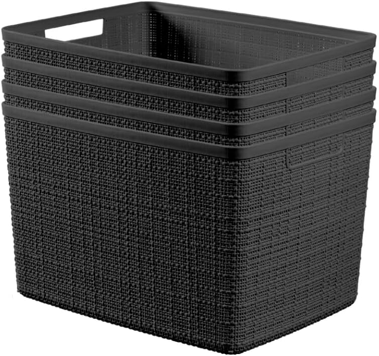 Curver Set of 4 Large 18L Easy Access Jute Decorative Plastic Organization and Storage Baskets - Perfect Bins for Home Office, Closet Shelves, Kitchen Pantry and All Bedroom Essentials, Black