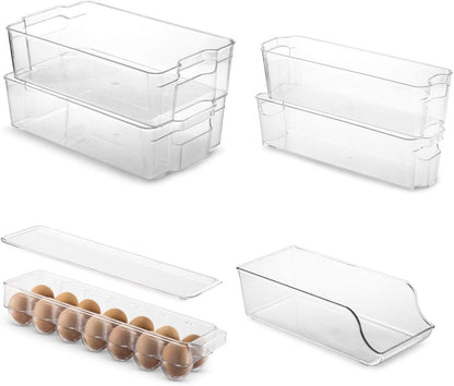 Set Of 6 Refrigerator Organizer Bins - Stackable Fridge Organizers for Freezer, Kitchen, Countertops, Cabinets - Clear Plastic Pantry Storage Racks