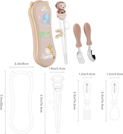 Toddler Utensils Stainless Steel Kids Silverware Set with Kids Spoons and Forks Set and Kids Chopsticks for Self Feeding Learning with Portable Case