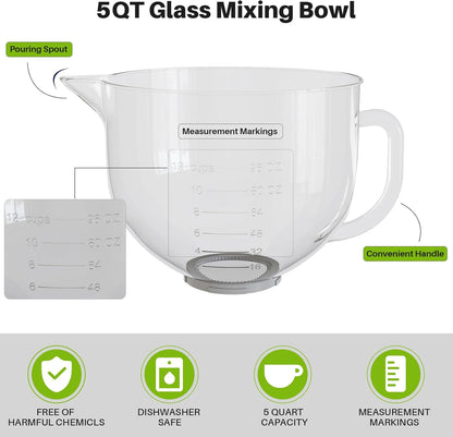 Glass Mixing Bowl 5QT Compatible with KitchenAid 4.5 & 5-Quart Tilt-Head Stand Mixers – Includes Spout Cover, Measurement Markings & Lid – (Dishwasher, Microwave & Freezer Safe)