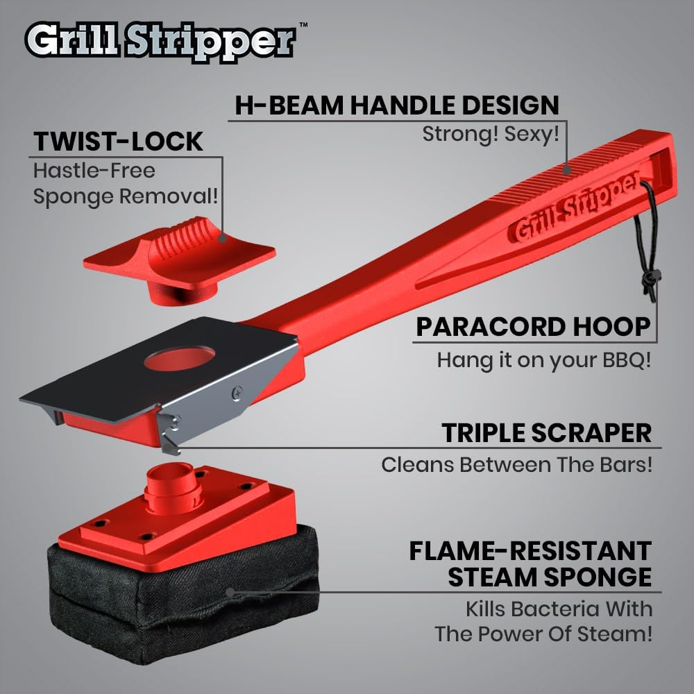 GRILL STRIPPER Bristle Free Grill Brush with Extra Sponge - Steam Grill Brush Bristle Free with Patent Pending Triple Scraper and Dishwasher Safe Replaceable Fire Resistant Steam Sponge