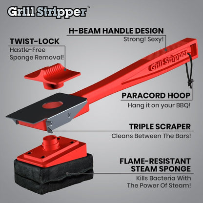 GRILL STRIPPER Bristle Free Grill Brush with Extra Sponge - Steam Grill Brush Bristle Free with Patent Pending Triple Scraper and Dishwasher Safe Replaceable Fire Resistant Steam Sponge