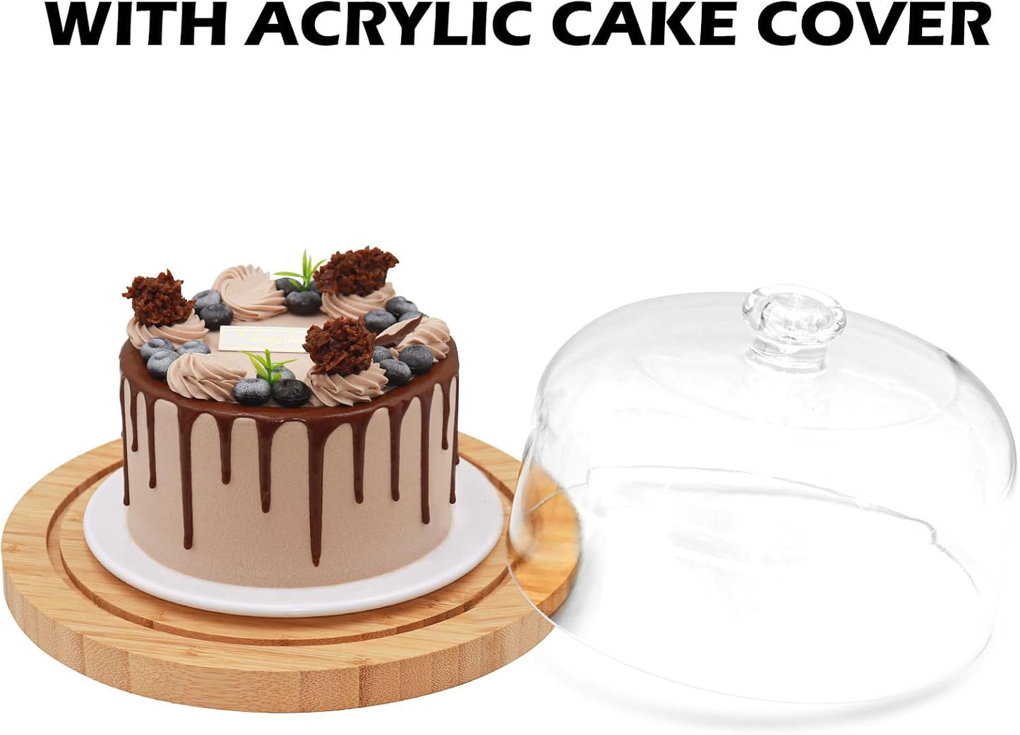 Cake Stand with Lid, Rotating Cake Holder with Dome, Wood Lazy Susan with Cover, Cake Stand for Party,Birthday,Parties,Baking Gifts(12 Inch with Dome)