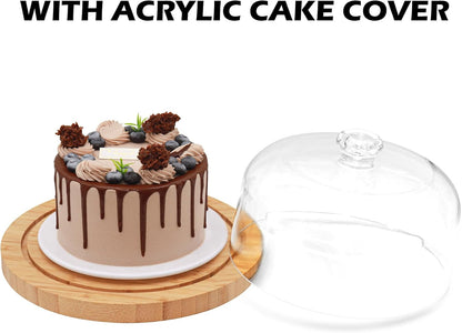 Cake Stand with Lid, Rotating Cake Holder with Dome, Wood Lazy Susan with Cover, Cake Stand for Party,Birthday,Parties,Baking Gifts(12 Inch with Dome)