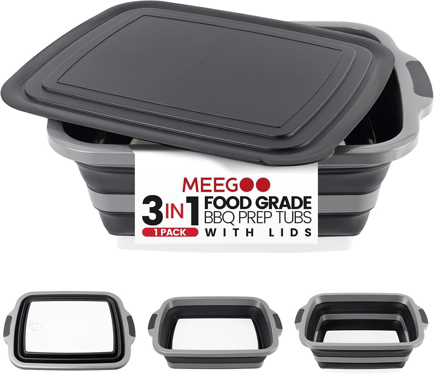 BBQ Prep Tub 3-IN-1 Large 16L Collapsible Cutting Board with Locking Lid for Meal Prep Marinating Food, Camping Sink with Colander, Dish Basin, Storage Blanket for Camping Picnic BBQ, Black
