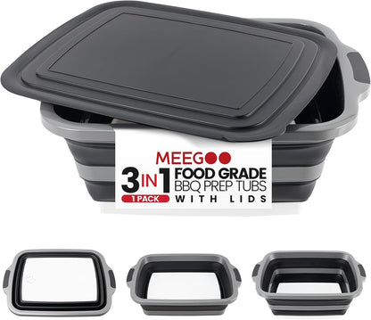 BBQ Prep Tub 3-IN-1 Large 16L Collapsible Cutting Board with Locking Lid for Meal Prep Marinating Food, Camping Sink with Colander, Dish Basin, Storage Blanket for Camping Picnic BBQ, Black