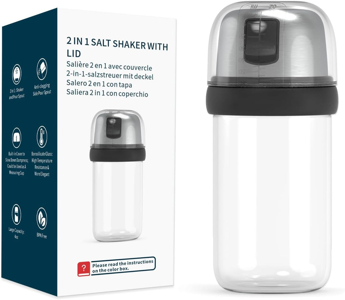KTCHENDAO 2 in 1 Glass Salt and Pepper Shaker with Side Pour Spout, Built-in Lid for Moisture-proof, Elegant Borosilicate Glass Salt Pepper Dispenser set for Kitchen, BPA Free, 4oz (White)