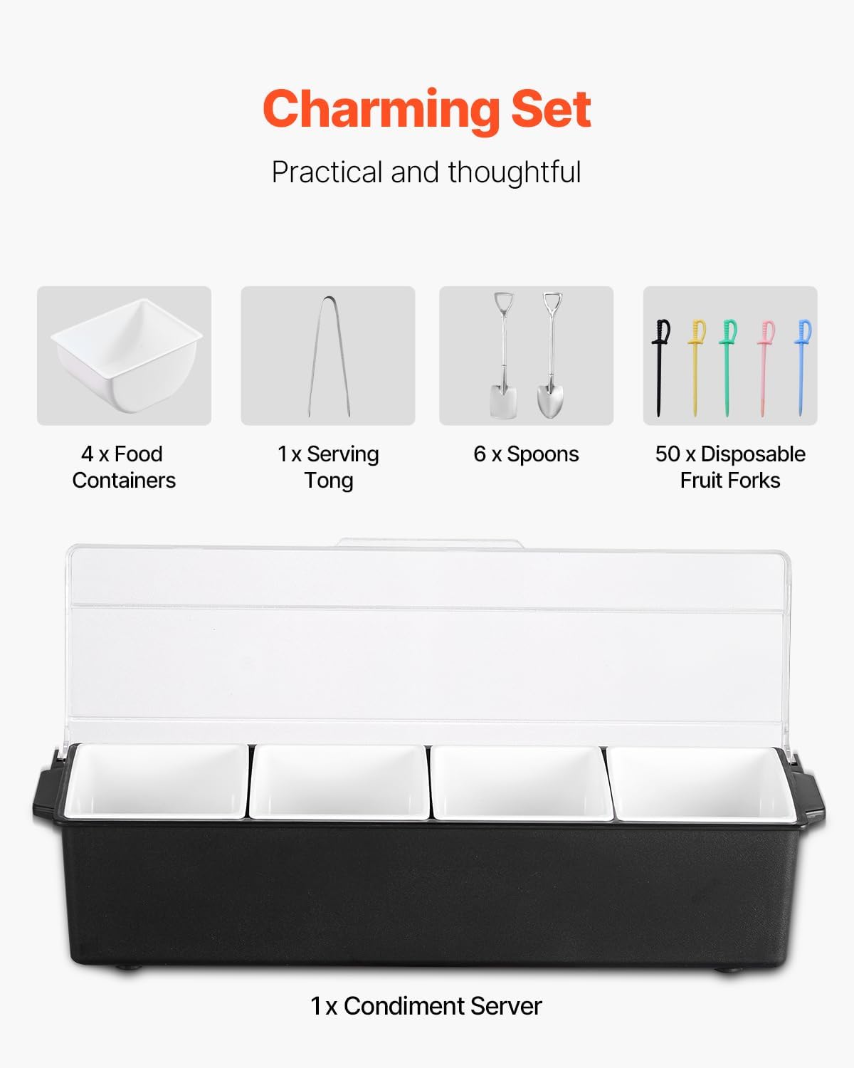 VEVOR Chilled Condiment Server Caddy, 5 Compartment Ice Cooled Serving Container, Plastic Fruit Garnish Tray Platter with Lid, for Taco Salad Bar Accessories, Party Home Restaurant Supplies