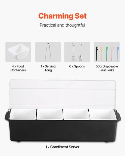 VEVOR Chilled Condiment Server Caddy, 5 Compartment Ice Cooled Serving Container, Plastic Fruit Garnish Tray Platter with Lid, for Taco Salad Bar Accessories, Party Home Restaurant Supplies