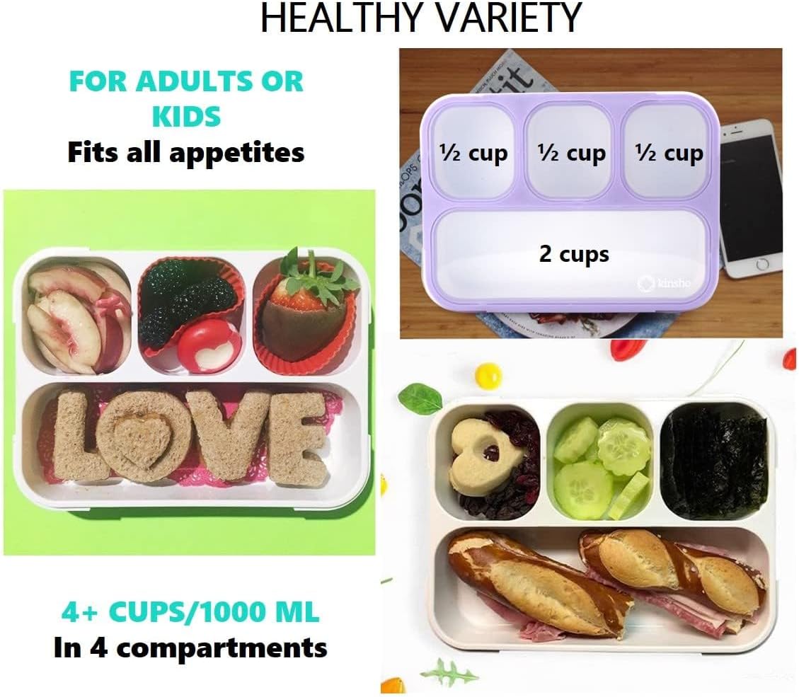 Bento Lunch Box for Kids or Adults, Snack Containers for Boys, Girls, School Daycare Work, 3 Divided Compartments Meal Planning Portion Control, BPA-Free Boxes, Utensils | Blue Purple 2 pack