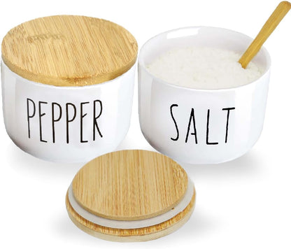 Farmhouse Salt And Pepper Containers,Salt Containers For Countertop,Stacked Ceramic Cellar With Bamboo Lid, Spice Box With Spoon,Seasoning Holder with lid,Ceramic Bowls (B&W H)