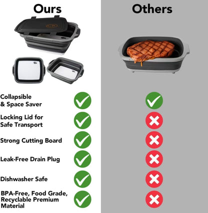 New XL Collapsible BBQ Prep Tub with LOCKING Lid, Cutting Board & Drain Hole | BPA-Free, Food-Grade, Space-Saving Prep Tubs for Marinating, Grilling, Camping & Outdoor Cooking (Black, 16L)