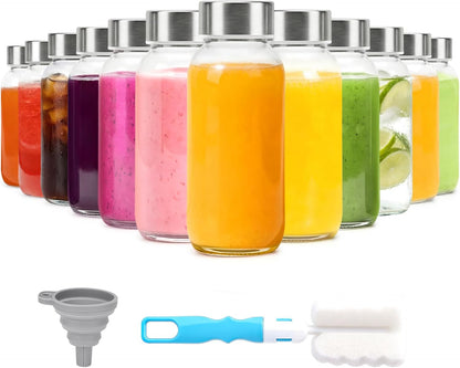 Clear Glass Bottles with Lids 18 oz, Reusable Glass Water Bottles with Stainless Steel Cap for Refrigerator, Juicing, 100% Leak Proof, BPA Free, Juice Bottle Drinking Jar Containers Set of 6