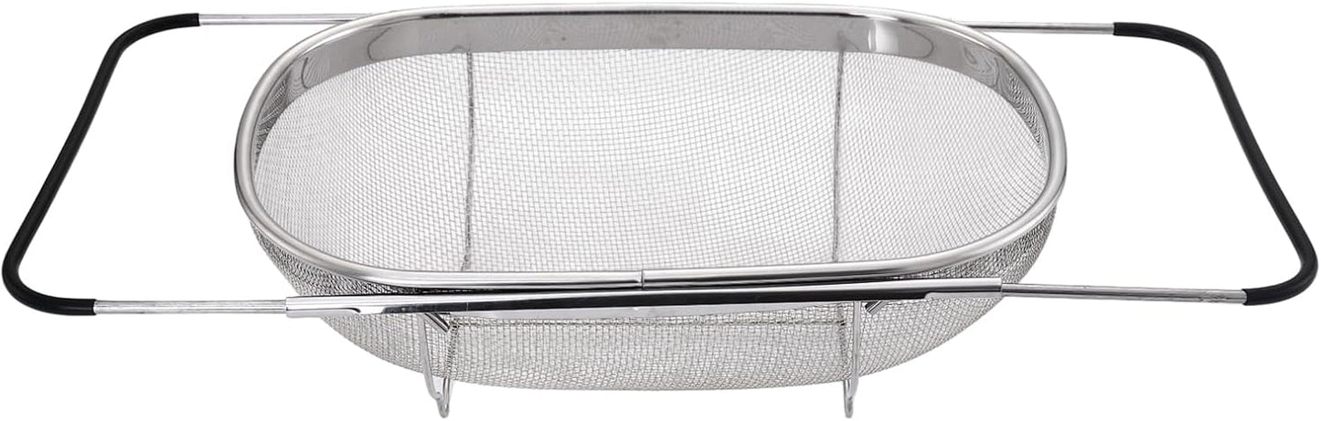 Over The Sink Colander, Stainless Steel Expandable Strainer Basket, Extendable Handles, Dishwasher Safe for Pasta Vegetables Fruits