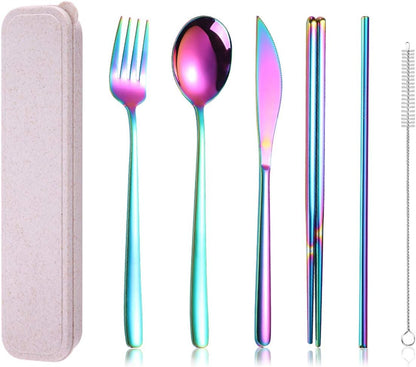 AARAINBOW 6 Pieces 18/8 Stainless Steel Flatware Set Portable Reusable Cutlery Set Travel Utensils Set Including Chopsticks Knife Fork Spoon Straws Cleaning Brush Dishwasher Safe (Green golden)