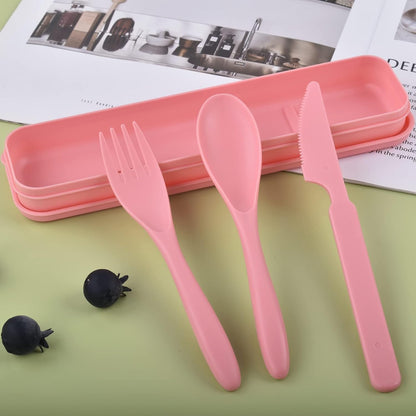 2 Sets Travel Utensils with Case, Reusable Utensils for Lunch Box, Plastic Forks Spoons and Knives Set, Portable Camping Utensil Cutlery Set Tableware for Picnic Daily Use (Blue + Pink)