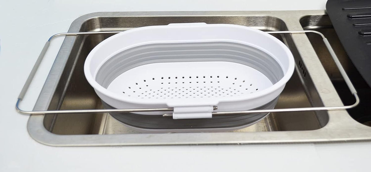 SAMMART 5L (1.3 gallon) Expandable & Collapsible Over The Sink Rectangular Colander (1, White/Grey)