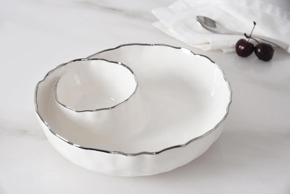 Pampa Bay Portofino Plata, Round Chip & Dip, 9.5” D x 2.75" (White and Gold)