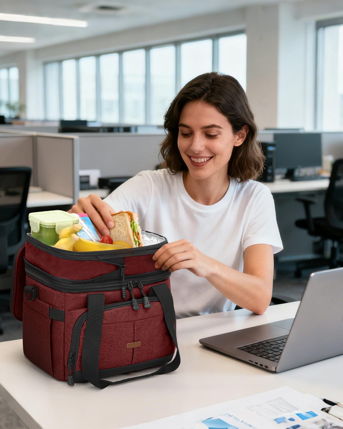 Pritent Lunch Box For Men Women Double Deck Insulated Lunch Bag For Men Woman Leakproof Expandable Cooler Bag with Adjustable Shoulder Strap for Kids Shool Work Picnic Camping(Beige,Large)