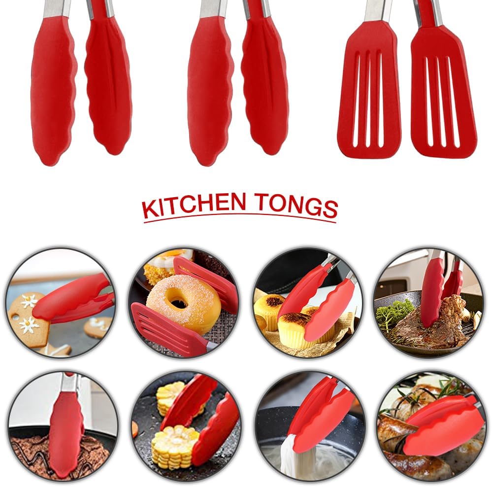 Mini Silicone Serving Tongs Set of 3, Small Kitchen Tongs (7 inch) with Silicone Tips and Stainless Steel Handle, Cooking Tongs for Salads, Pasta, Steaks, Vegetables