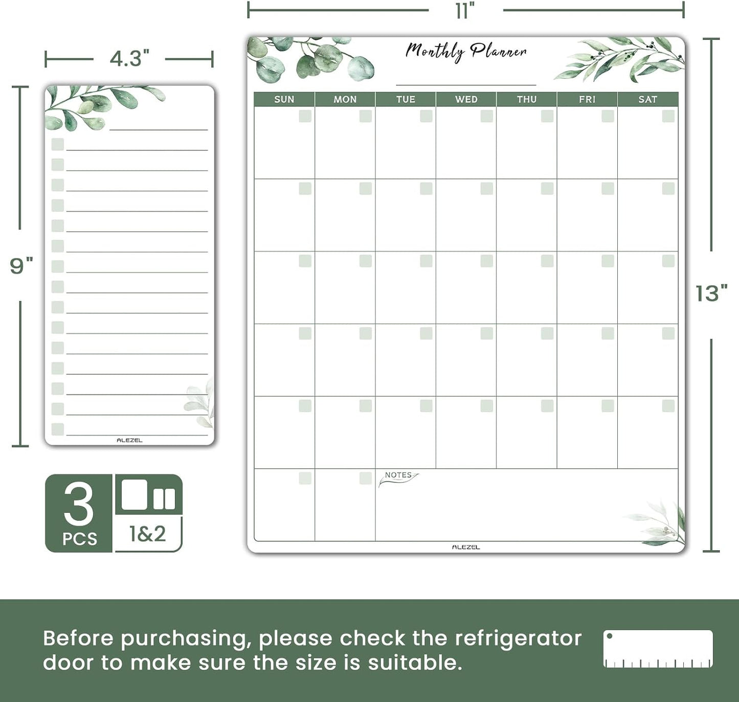 ALEZEL Dry Erase Calendar for Refrigerator, Greenery Magnetic Fridge Calendar Whiteboard - Set of Vertical Monthly Dry Erase Calendar for Fridge & 2 List Board, 4 Markers + Eraser