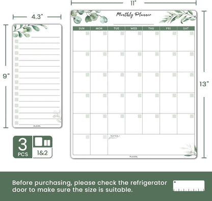 ALEZEL Dry Erase Calendar for Refrigerator, Greenery Magnetic Fridge Calendar Whiteboard - Set of Vertical Monthly Dry Erase Calendar for Fridge & 2 List Board, 4 Markers + Eraser