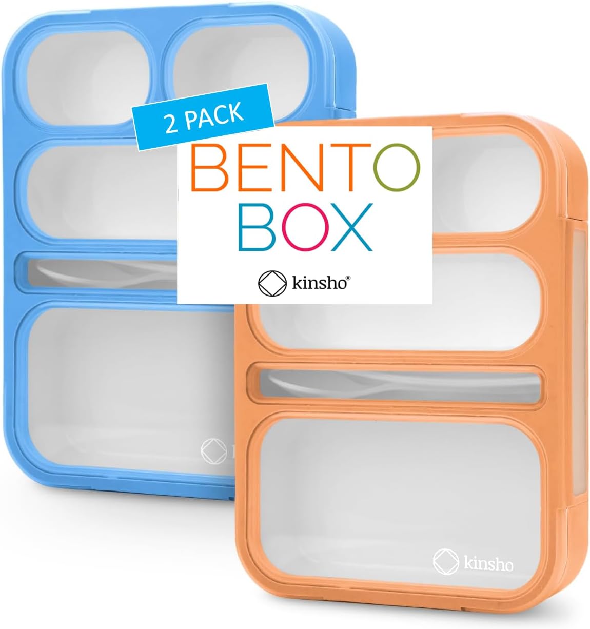 kinsho Bento Lunch-Box for Adults Kids Lunches, Portion Control Container Boxes for Women Girls Boys | Leak-Proof Snack Containers, BPA-Free Utensils 5 Compartments | Blue & Green 2 Pack Set