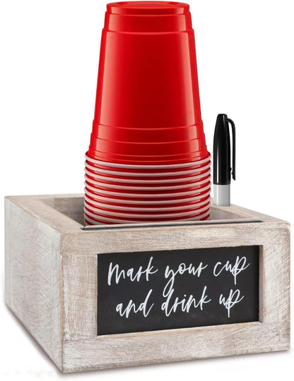 Wooden Cup Holder with Marker Slot, Mark Your Cup and Drink Up with Interchangeable Signs, Party Cup Holder, Wood Cup Dispenser - Rustic Farmhouse Modern Decor | Hostess Gift (Wooden)