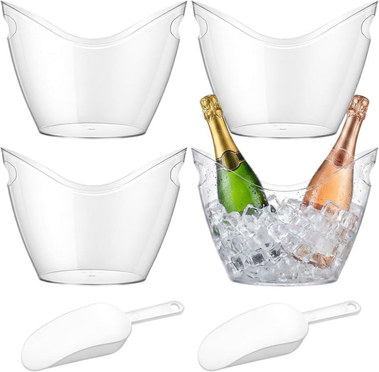 4 Pack Ice Bucket for Parties, 4L Acrylic Wine Buckets with 2 Scoops for Beverage/Wine/Beer/Cocktail, Portable Clear Beverage Tub for Parties, Mimosa Bar Supplies, Outdoor Events