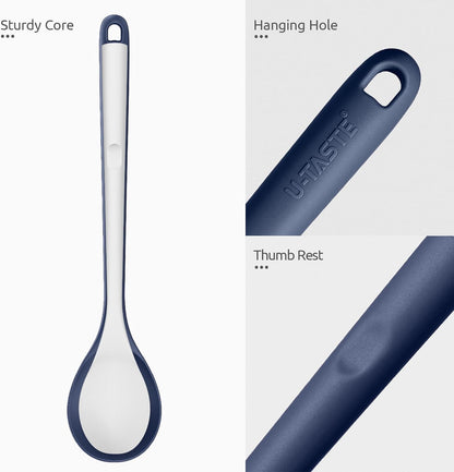 600ºF Heat Resistant Silicone Spoons: U-Taste 13.3in Solid & Slotted Kitchen Cooking Tool, Nonstick Long Rubber Utensil, Sturdy for Mixing, Serving, Stirring, Frying, Basting (Aqua Sky, 2PCS)