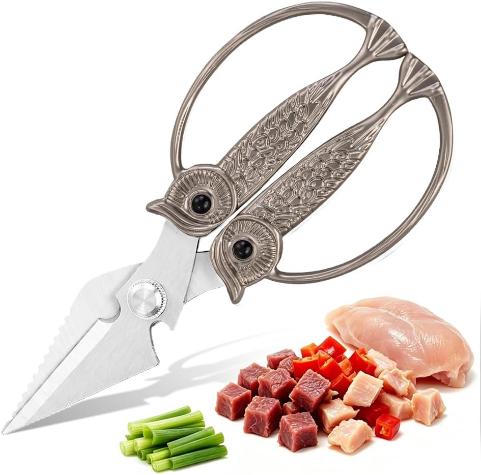 XSNBRD All Purpose Kitchen Scissors, Pearl Gold Stainless Owl Shears.
