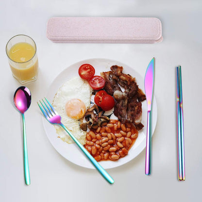 AARAINBOW 6 Pieces 18/8 Stainless Steel Flatware Set Portable Reusable Cutlery Set Travel Utensils Set Including Chopsticks Knife Fork Spoon Straws Cleaning Brush Dishwasher Safe (Green golden)
