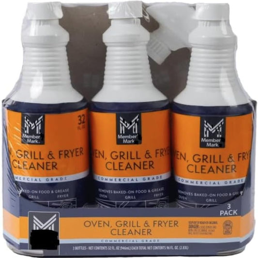 Member Mark Commercial Grade Oven, Grill & Fryer Cleaner Spray – 32 fl oz (Pack of 3) | Removes Baked-On Grease & Food, Heavy Duty Kitchen Degreaser for Oven, BBQ Grill, Deep Fryer
