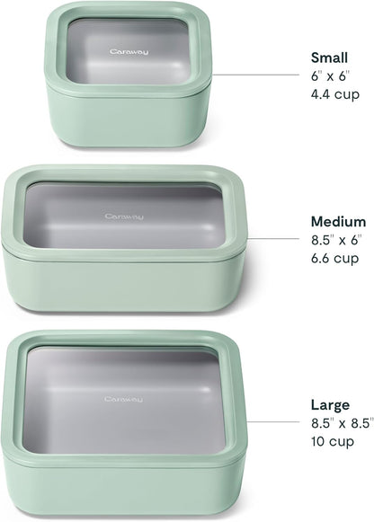 Caraway 13pc Glass Food Storage Container Set - Easy to Store, Non Toxic Lunch Box - with Glass Lids - Includes Storage Organizer - Mist