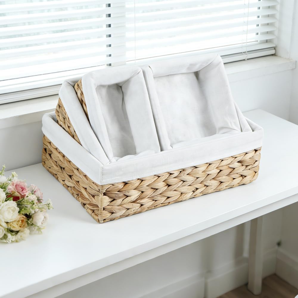 Water Hyacinth Shelf Baskets 4-Pack, Handwoven Wicker Bins with Removable Linen Liners – Divided Upper Compartment & Open Handles, Stackable for Pantry Bathroom Closet