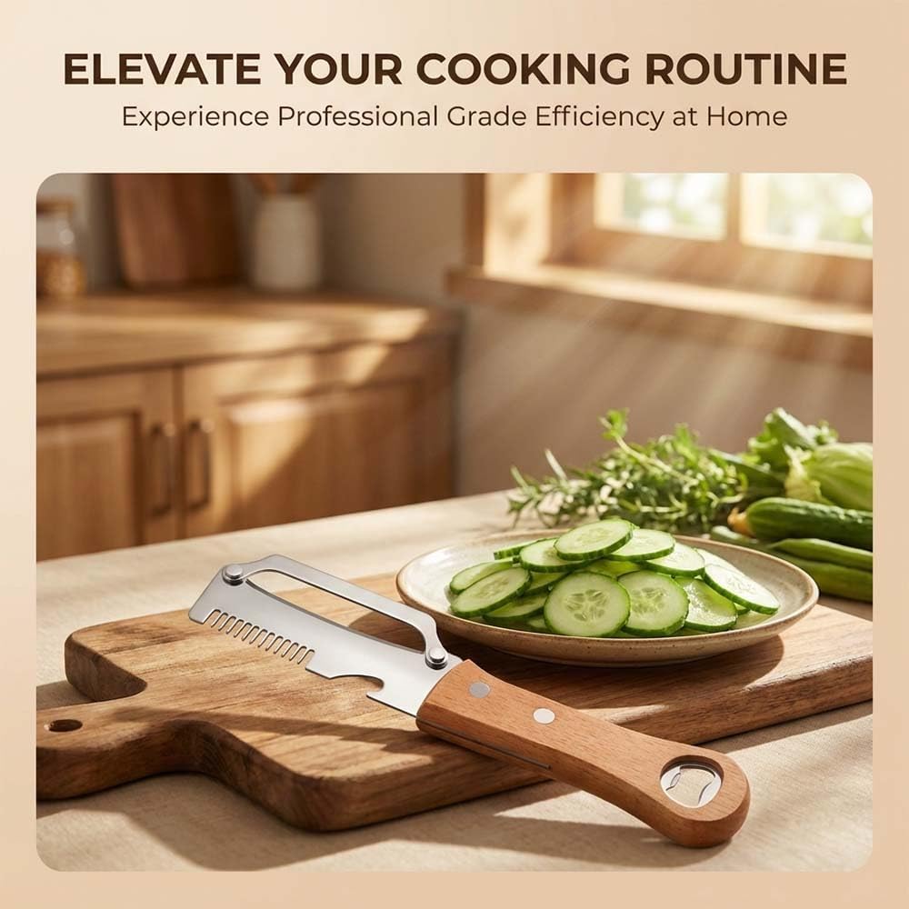 Multi-Functional Vegetable Peeler with Julienne Slicer & Bottle Opener, Stainless Steel Blade & Wooden Handle, Ergonomic Kitchen Tool for Peeling, Slicing & Shredding Fruits & Veggies (Style-A, 1PC)