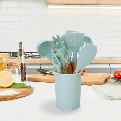 Silicone Kitchen Utensil Set, 11-Piece Non-Stick Safe Cooking Tools with Wooden Handles & Holder - Includes Spatula, Ladle, Tongs, Spoon, Whisk, Pasta Server - Heat Resistant up to 446°F