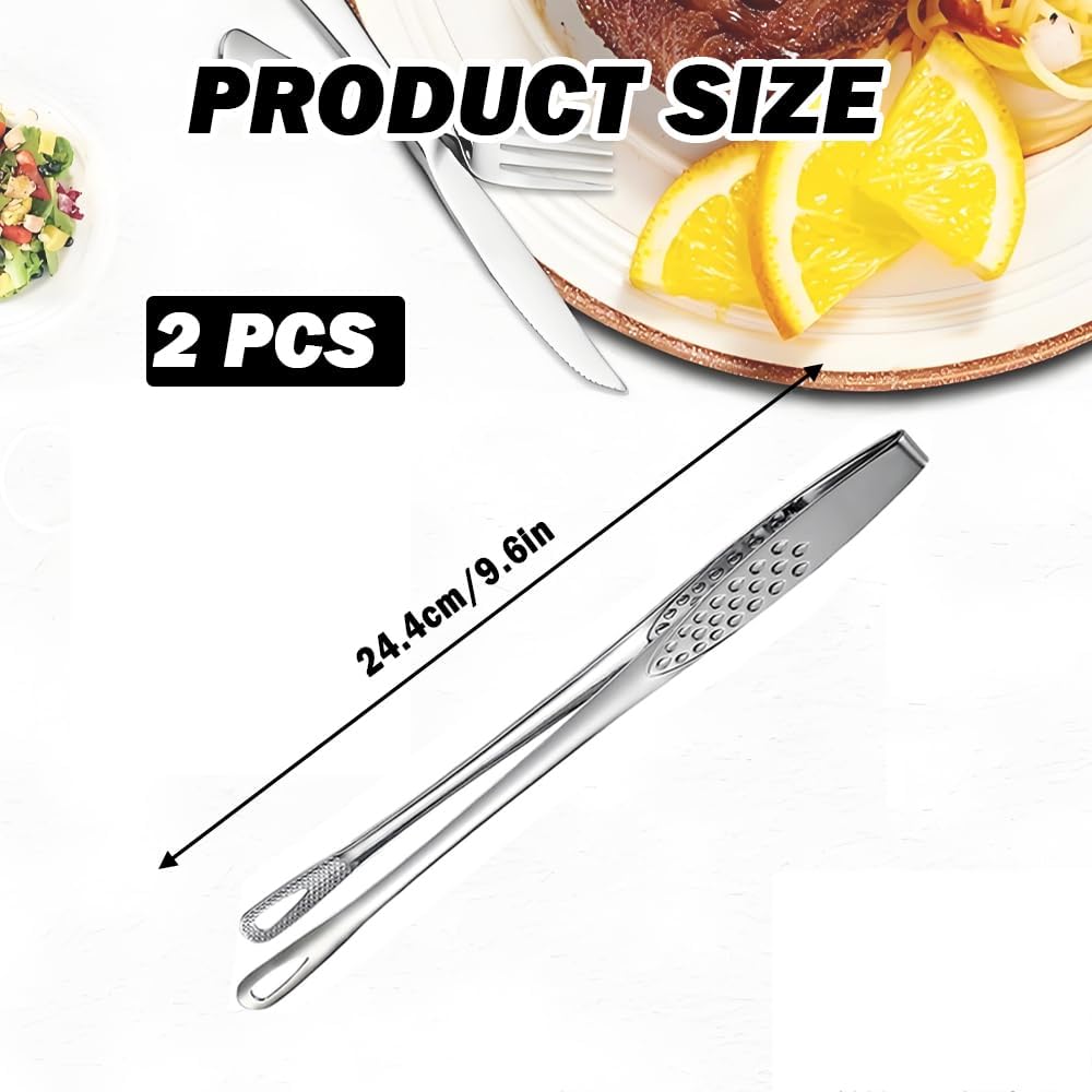 2PCS Kitchen Tongs Tweezers for Cooking 9.6 Inch 304 Stainless Steel Korean BBQ Grill Tongs Silver Heat Resistant Cooking Tongs for Salad Fish Steak Barbecue Buffet Meat Serving