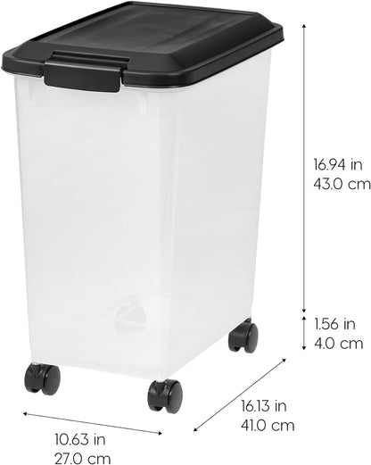 IRIS USA Dog Food Storage Container, 2 Pack, Up to 30 lbs Each, Airtight Seal for Freshness, Wheels for Rolling, Easy One Hand Opening, Made in USA, BPA Free, Clear/Black