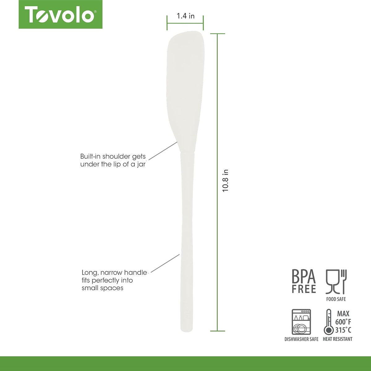 Tovolo Silicone Jar Spatula Long Handled Rubber Scraping Scooping Tool for Peanut Butter Jam Jelly Jars Blenders, Extra Long Flex Core Silicone Jar Scraper Dishwasher Safe BPA Free, White