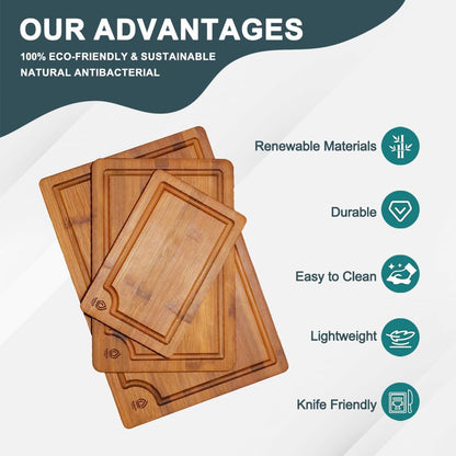 Bamboo Cutting Board Set of 3, Wooden Cutting Boards for Kitchen with Holder for Countertops, Solid Thick Wood Chopping Boards with Juice Grooves and Non Slip Feet for Chopping Meat Vegetables Fruits