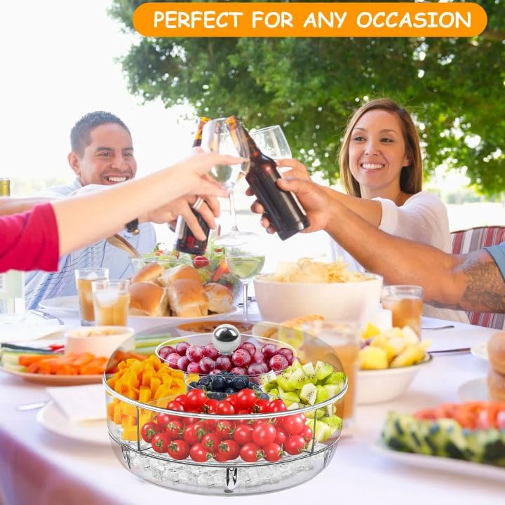 Chilled Serving Tray, Rotating Snack Tray with Lid, Chilled Veggie Tray Clear Fruit Trays for Serving for Party, Snack Box for Shrimp Sushi Appetizer