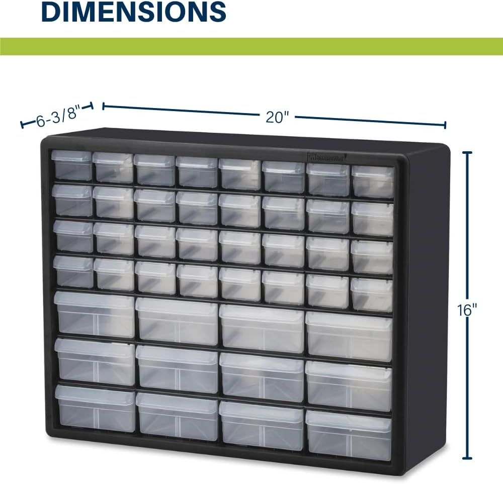 Akro-Mils 44-Drawer Plastic Drawer Storage Cabinet for Garage Organization, Bead Organizer, Building Bricks Storage, Teacher Toolbox, Makeup Organizer, 20" W x 6" D x 16" H, 10144 Black
