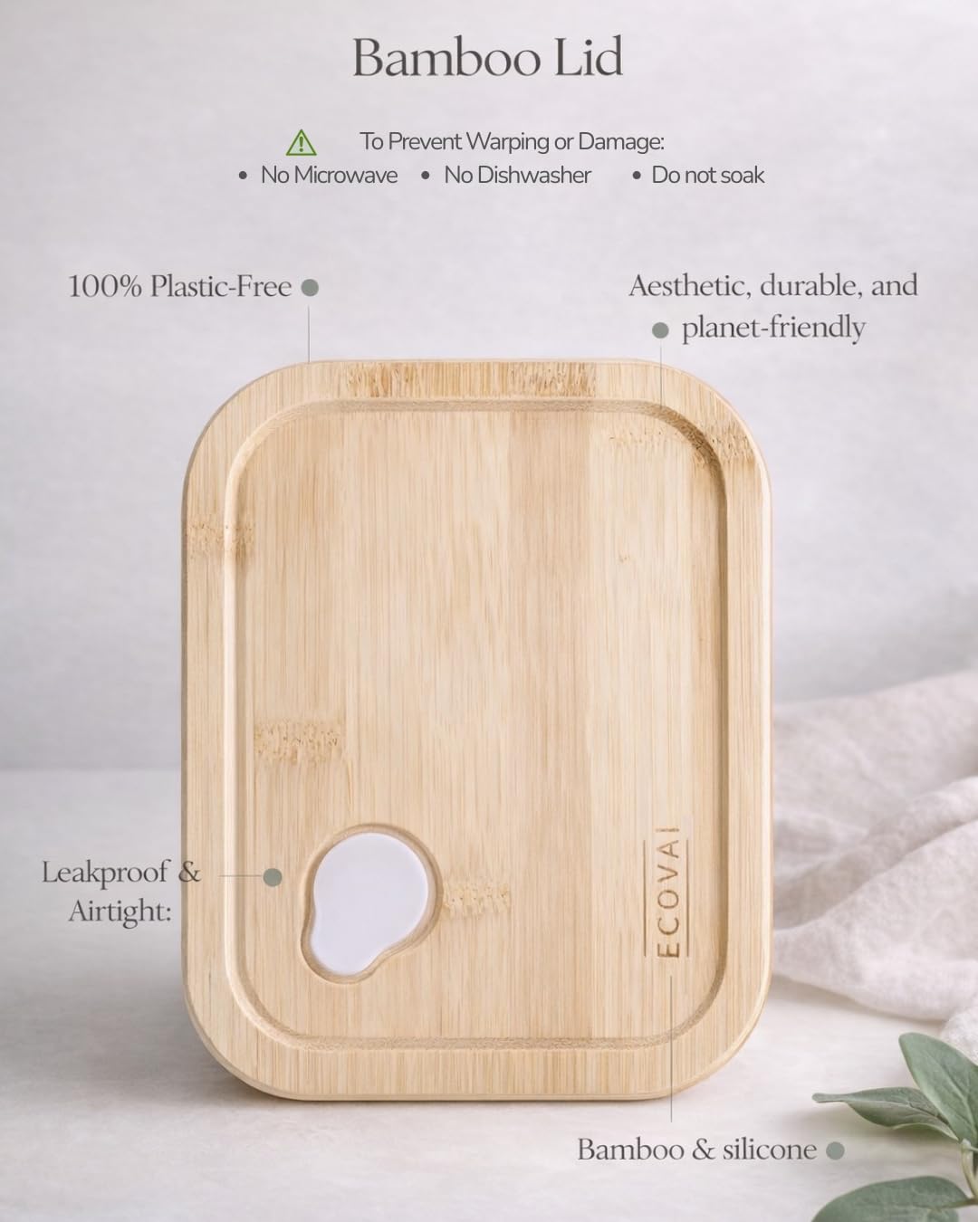 ECOVAI Glass Bento Box (2 Pack) LARGE 3-Compartment Portion Control Glass Meal Prep Containers with Bamboo Lid, Leakproof Silicone Seal, Borosilicate Glass, Microwave Safe Lunch Box/Tupper