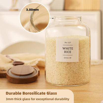 2 Pack Large Glass Flour and Sugar Storage Containers with Airtight Acacia Wood Lids and 132 Kitchen Pantey Labels Preprint - 1 Gallon Borosilicate Glass Canister Sets for Food,Pasta,Cookie,Rice