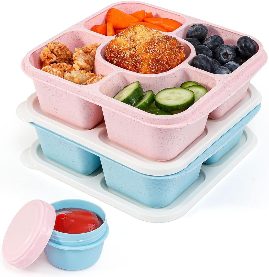 Original Lunchable Snack Containers - 5 Compartments Bento Snack Boxes with 1 Leakproof Small Containers, Wheat Straw, BPA-Free, Set of 2 (Bule+Pink)